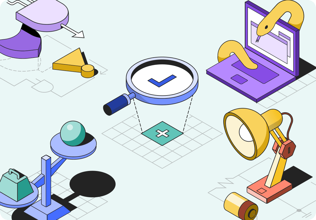 Isometric illustrations of interactive course content including puzzles, coding, and science experiments