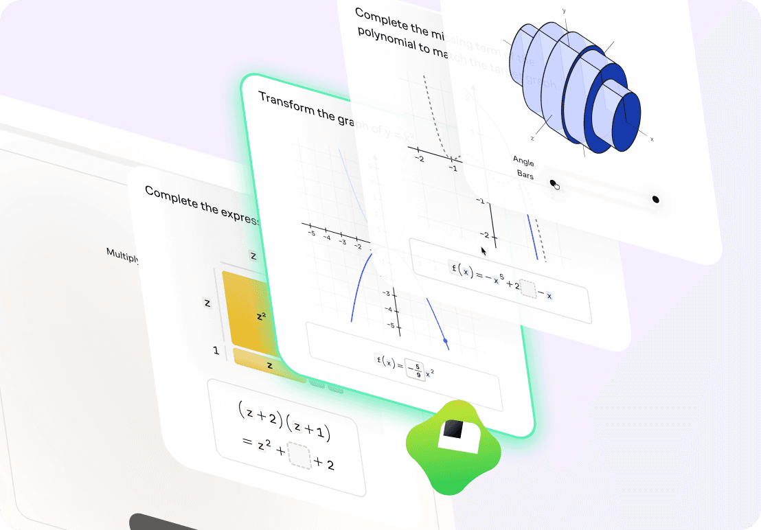 Interactive math lessons showing coordinate transformations, polynomial expressions, and visual algebra