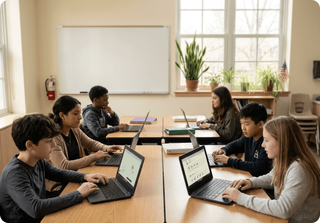 Students working on laptops in a classroom